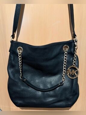 Michael Kors Jet Set Black Leather Chain Tote Bag Pebbled Leather